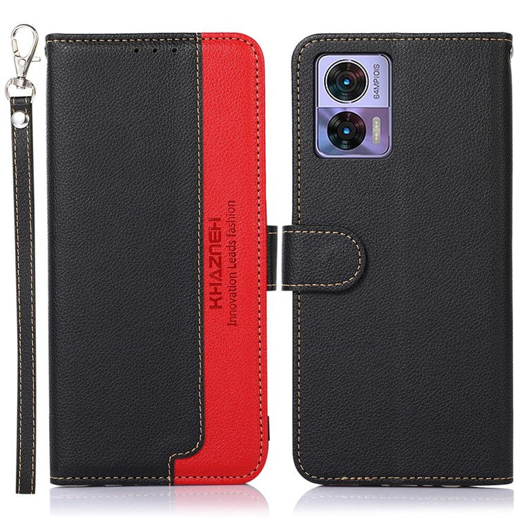 KHAZNEH For Motorola Edge 30 Neo 5G RFID Blocking Litchi Texture PU Leather Phone Case Stand Wallet Folio Flip Cover - Black