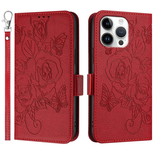 For iPhone 16 Pro Case Rose Imprinted RFID Blocking Leather Phone Cover with Strap - Red