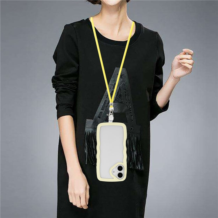 For iPhone 16 Plus Case Wavy Edge Design PC + TPU Shockproof Phone Cover with Adjustable Lanyard - Yellow
