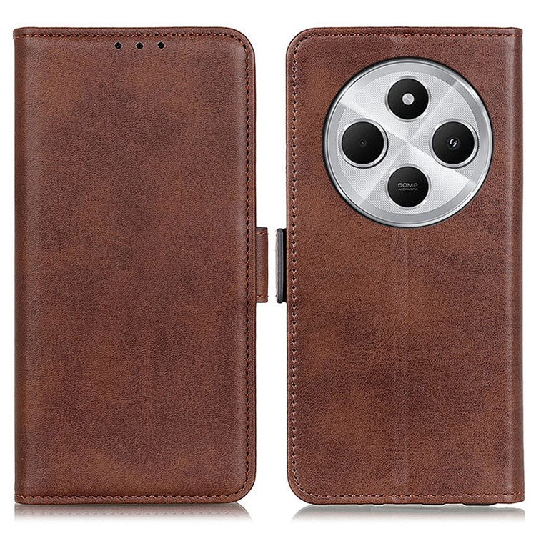 For Xiaomi Poco C75 4G / Redmi 14R 5G / 14C 4G Case Stand Cowhide Texture PU Leather Phone Cover - Brown