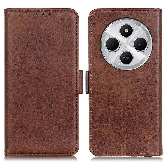 For Xiaomi Poco C75 4G / Redmi 14R 5G / 14C 4G Case Stand Cowhide Texture PU Leather Phone Cover - Brown