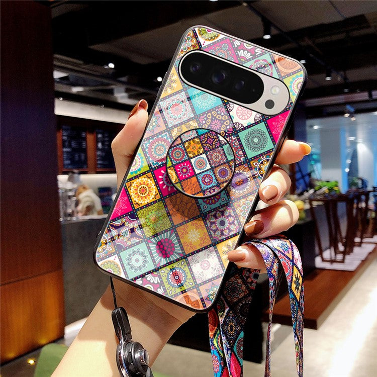 For Google Pixel 9 Pro  /  9 Case Kickstand Ethnic Pattern Tempered Glass Phone Cover with Strap - Color Pattern