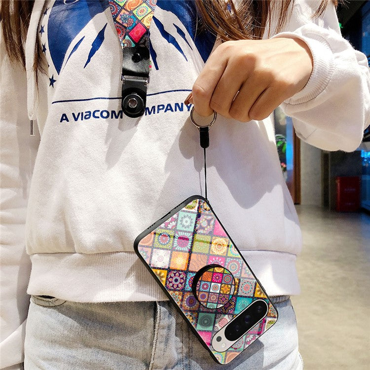 For Google Pixel 9 Pro  /  9 Case Kickstand Ethnic Pattern Tempered Glass Phone Cover with Strap - Color Pattern