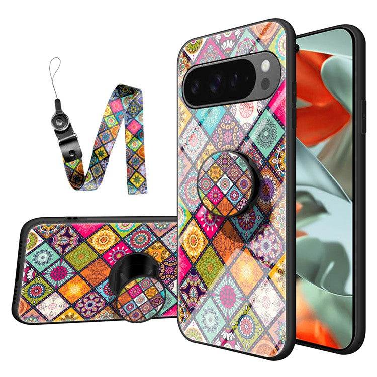 For Google Pixel 9 Pro XL Case Kickstand Ethnic Pattern Tempered Glass Phone Cover with Strap - Color Pattern