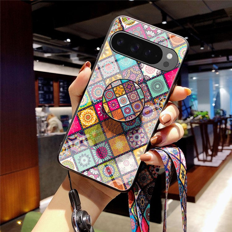 For Google Pixel 9 Pro XL Case Kickstand Ethnic Pattern Tempered Glass Phone Cover with Strap - Color Pattern