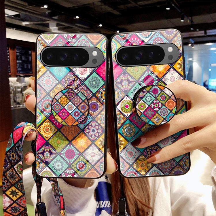 For Google Pixel 9 Pro XL Case Kickstand Ethnic Pattern Tempered Glass Phone Cover with Strap - Color Pattern