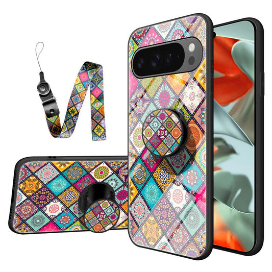For Google Pixel 9 Pro XL Case Kickstand Ethnic Pattern Tempered Glass Phone Cover with Strap - Checkered Pattern