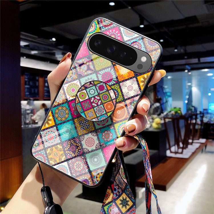 For Google Pixel 9 Pro XL Case Kickstand Ethnic Pattern Tempered Glass Phone Cover with Strap - Checkered Pattern