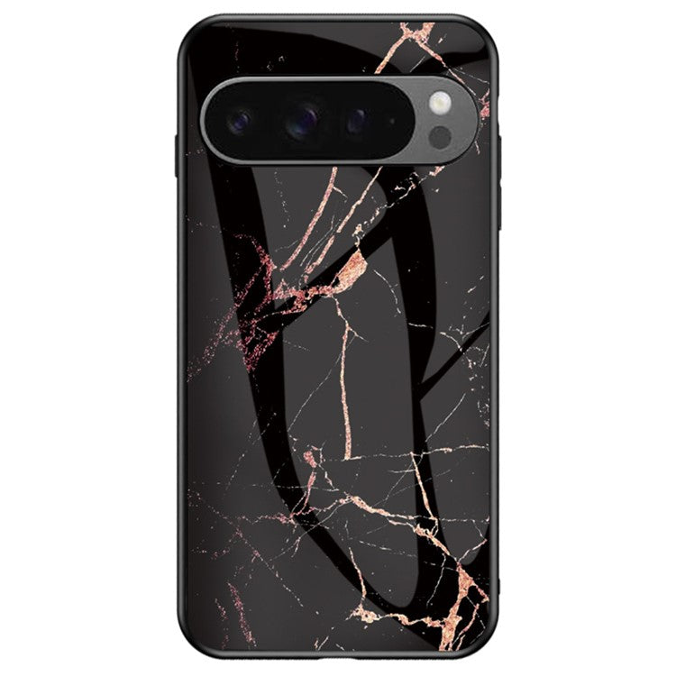 For Google Pixel 9 Pro XL Case Marble Pattern Tempered Glass+PC+TPU Protective Phone Cover - Gold Black Marble