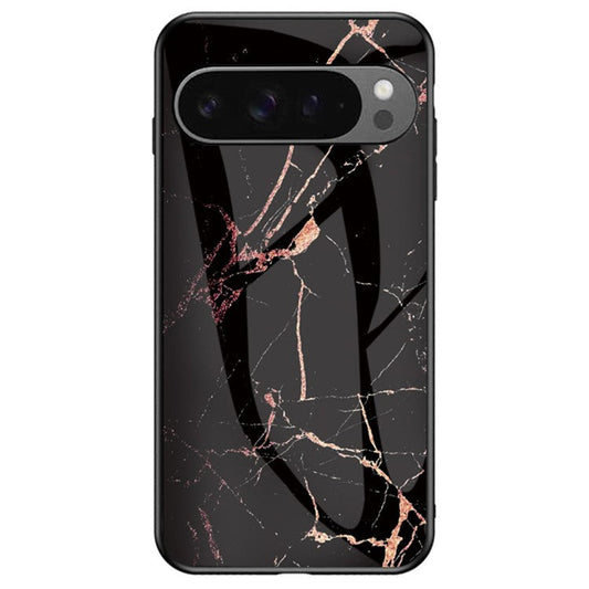 For Google Pixel 9 Pro XL Case Marble Pattern Tempered Glass+PC+TPU Protective Phone Cover - Gold Black Marble