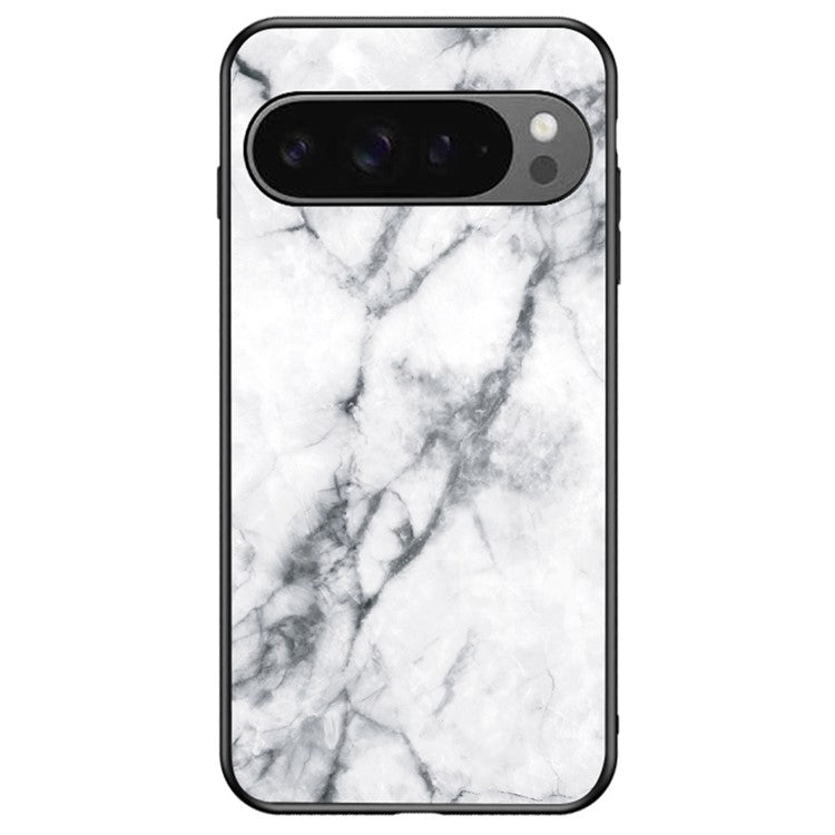 For Google Pixel 9 Pro XL Case Marble Pattern Tempered Glass+PC+TPU Protective Phone Cover - White Marble