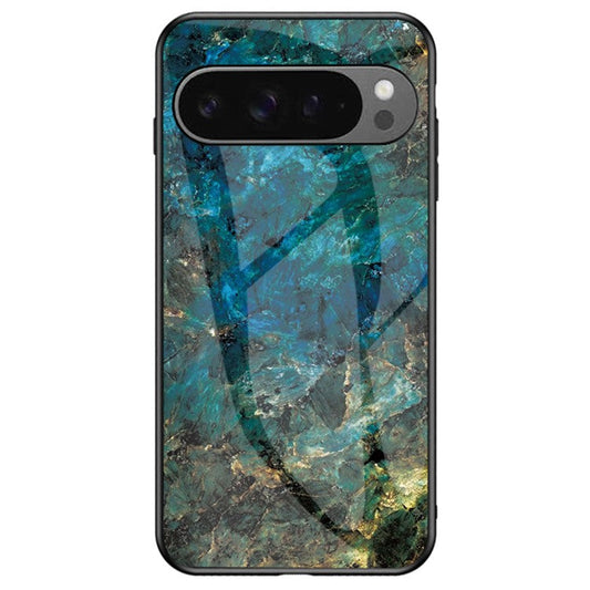 For Google Pixel 9 Pro XL Case Marble Pattern Tempered Glass+PC+TPU Protective Phone Cover - Emerald Marble