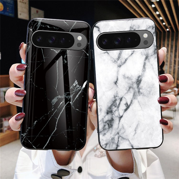 For Google Pixel 9 Pro XL Case Marble Pattern Tempered Glass+PC+TPU Protective Phone Cover - Emerald Marble