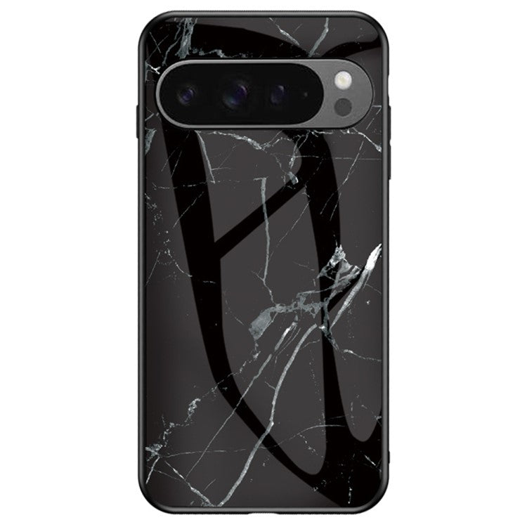 For Google Pixel 9 Pro XL Case Marble Pattern Tempered Glass+PC+TPU Protective Phone Cover - Black Marble