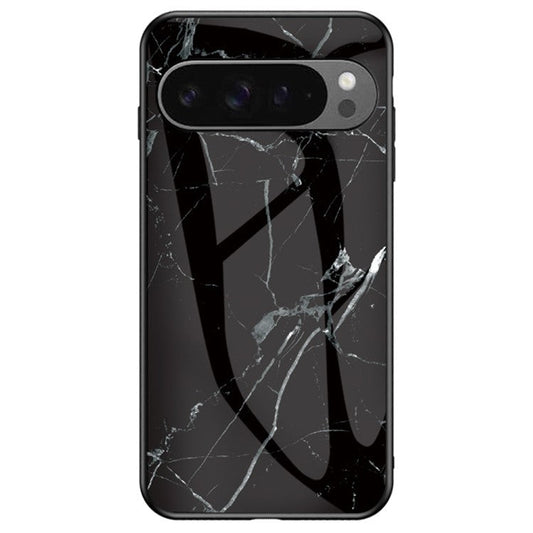 For Google Pixel 9 Pro XL Case Marble Pattern Tempered Glass+PC+TPU Protective Phone Cover - Black Marble