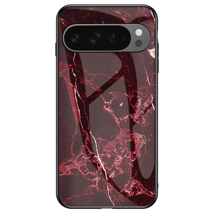 For Google Pixel 9 Pro XL Case Marble Pattern Tempered Glass+PC+TPU Protective Phone Cover - Blood Red Marble