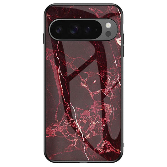 For Google Pixel 9 Pro XL Case Marble Pattern Tempered Glass+PC+TPU Protective Phone Cover - Blood Red Marble