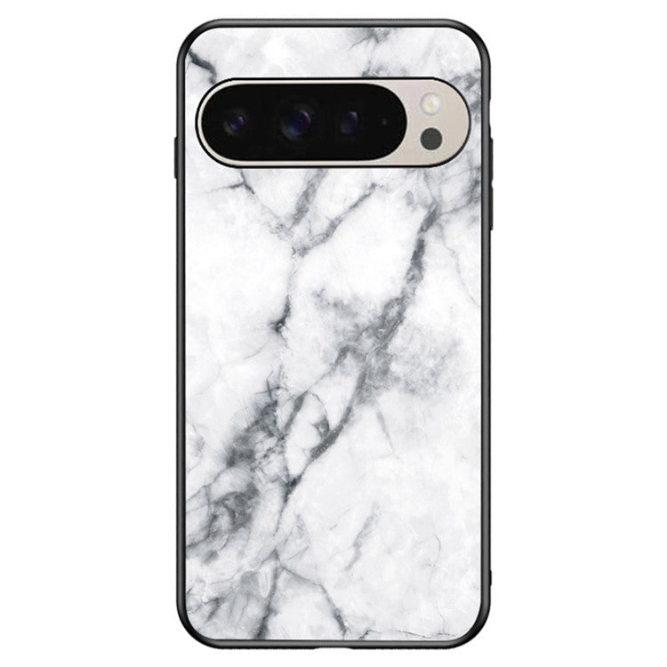 For Google Pixel 9 Pro  /  9 Case Marble Pattern Tempered Glass+PC+TPU Protective Phone Cover - White Marble