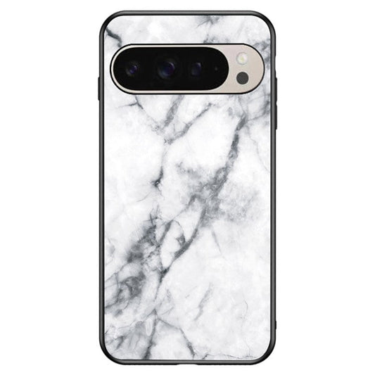 For Google Pixel 9 Pro  /  9 Case Marble Pattern Tempered Glass+PC+TPU Protective Phone Cover - White Marble