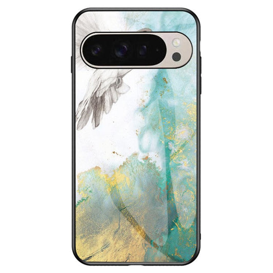 For Google Pixel 9 Pro  /  9 Case Marble Pattern Tempered Glass+PC+TPU Protective Phone Cover - Flying Pigeon Marble
