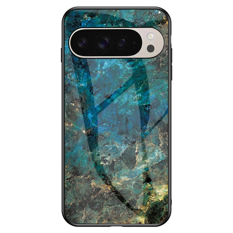 For Google Pixel 9 Pro  /  9 Case Marble Pattern Tempered Glass+PC+TPU Protective Phone Cover - Emerald Marble
