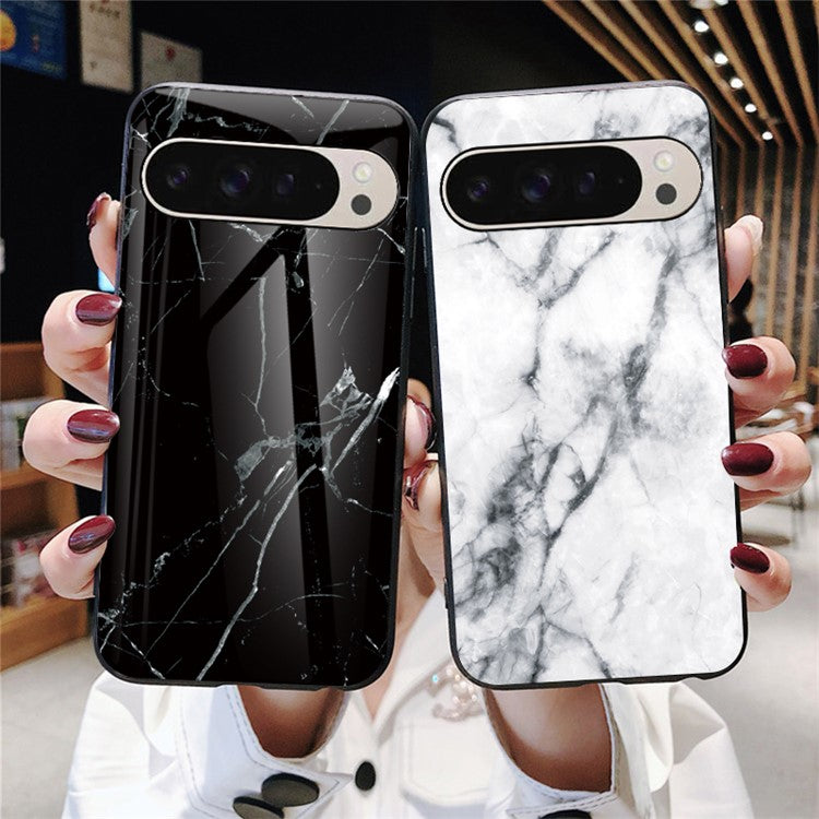 For Google Pixel 9 Pro  /  9 Case Marble Pattern Tempered Glass+PC+TPU Protective Phone Cover - Black Marble