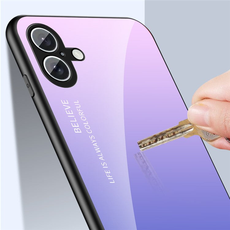 For iPhone 16 Case Anti-Scratch Tempered Glass + PC+TPU Phone Cover - Gradient Pink Blue
