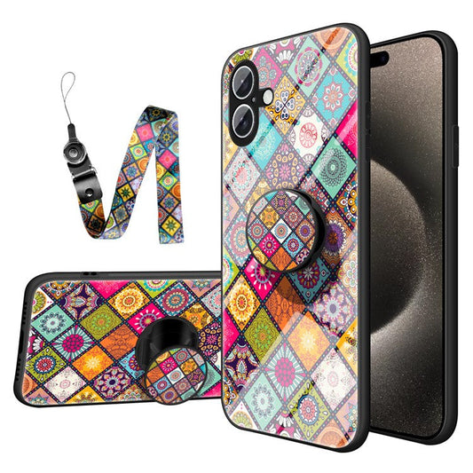 For iPhone 16 Plus Case Kickstand Ethnic Pattern Tempered Glass Phone Cover with Strap - Color Pattern