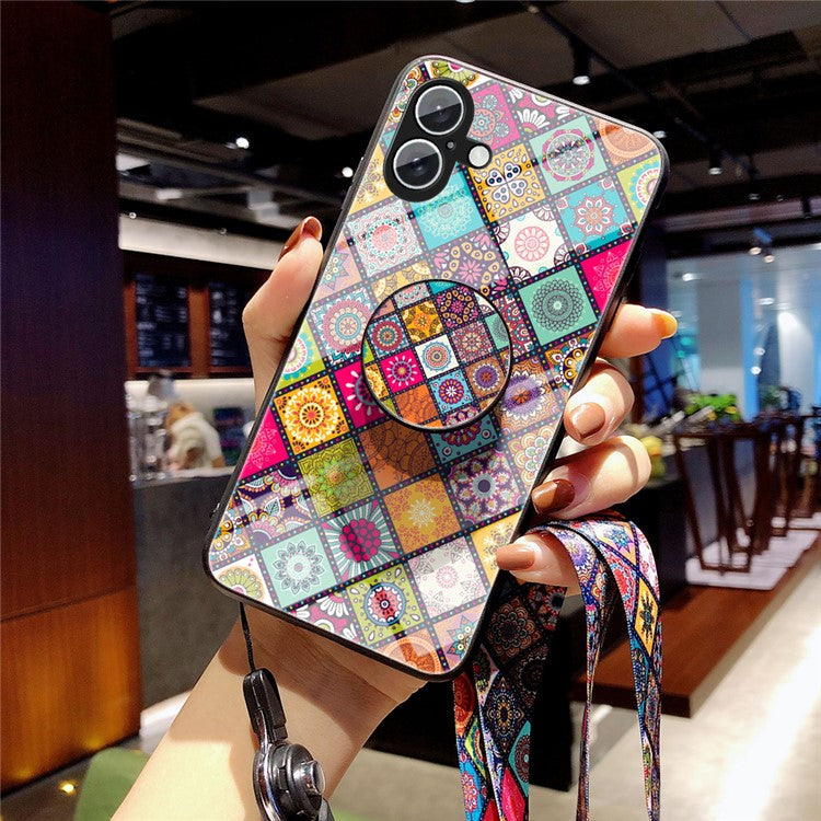 For iPhone 16 Plus Case Kickstand Ethnic Pattern Tempered Glass Phone Cover with Strap - Color Pattern
