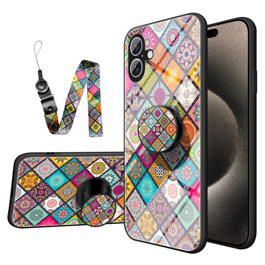 For iPhone 16 Plus Case Kickstand Ethnic Pattern Tempered Glass Phone Cover with Strap - Checkered Pattern