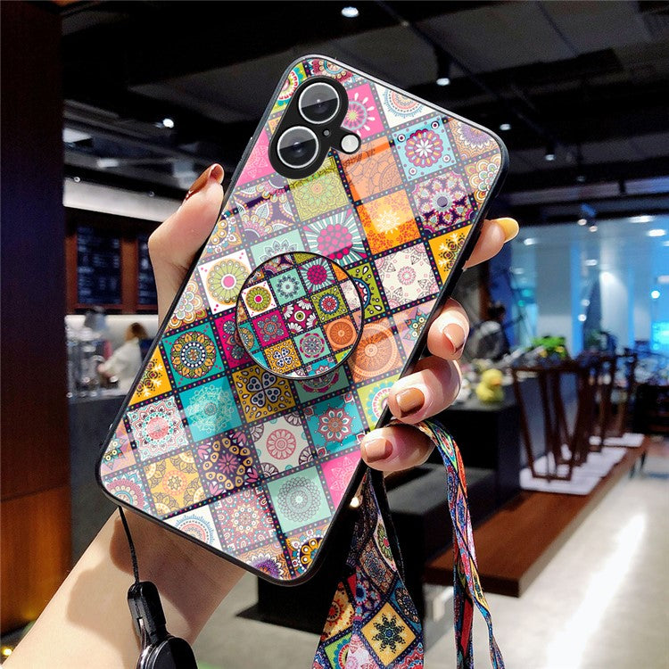 For iPhone 16 Plus Case Kickstand Ethnic Pattern Tempered Glass Phone Cover with Strap - Checkered Pattern