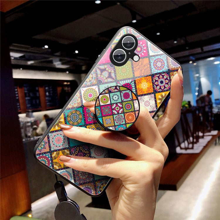 For iPhone 16 Plus Case Kickstand Ethnic Pattern Tempered Glass Phone Cover with Strap - Checkered Pattern