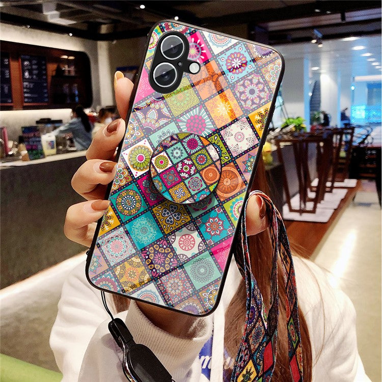 For iPhone 16 Plus Case Kickstand Ethnic Pattern Tempered Glass Phone Cover with Strap - Checkered Pattern