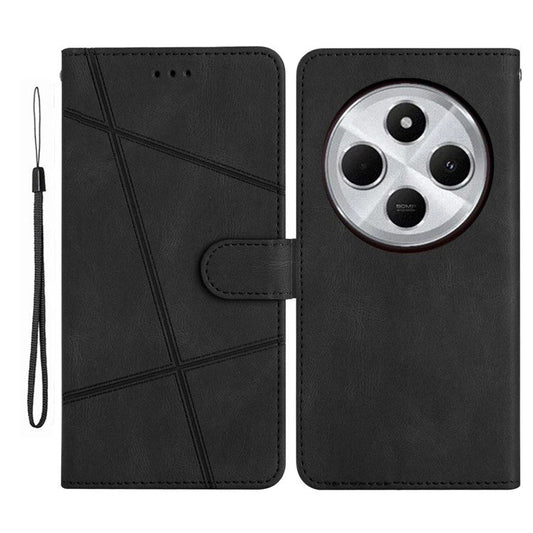 For Xiaomi Poco C75 4G / Redmi 14R 5G / 14C 4G Wallet Case Line Imprinted Skin-Touch Anti-Drop Leather Flip Phone Cover - Black