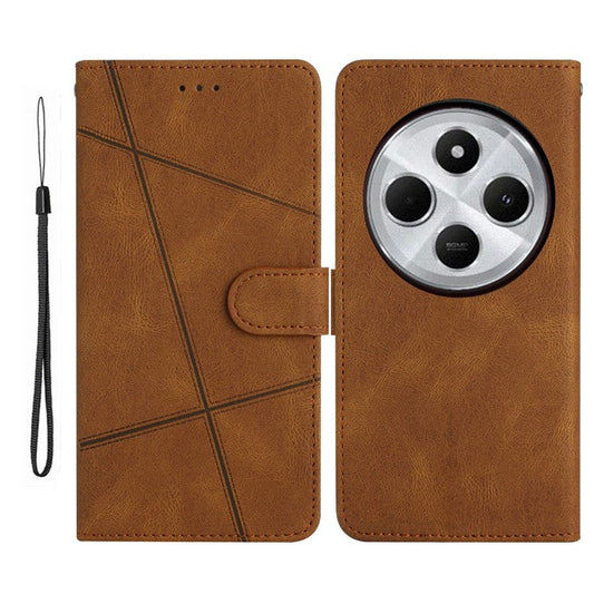 For Xiaomi Poco C75 4G / Redmi 14R 5G / 14C 4G Wallet Case Line Imprinted Skin-Touch Anti-Drop Leather Flip Phone Cover - Brown