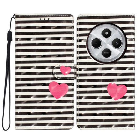 For Xiaomi Poco C75 4G / Redmi 14R 5G / 14C 4G Case PU Leather 3D Pattern Printing Wallet Phone Cover - Stripes / Heart