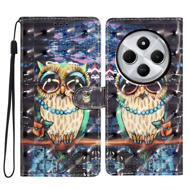 For Xiaomi Poco C75 4G / Redmi 14R 5G / 14C 4G Case PU Leather 3D Pattern Printing Wallet Phone Cover - Owl