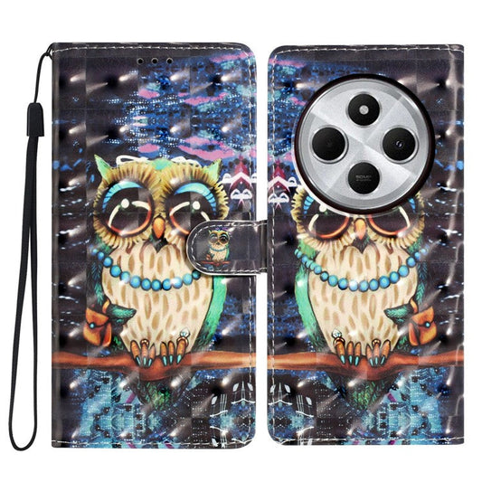 For Xiaomi Poco C75 4G / Redmi 14R 5G / 14C 4G Case PU Leather 3D Pattern Printing Wallet Phone Cover - Owl