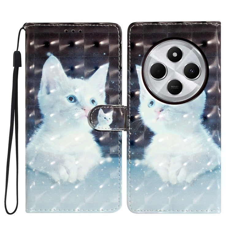 For Xiaomi Poco C75 4G / Redmi 14R 5G / 14C 4G Case PU Leather 3D Pattern Printing Wallet Phone Cover - White Cat