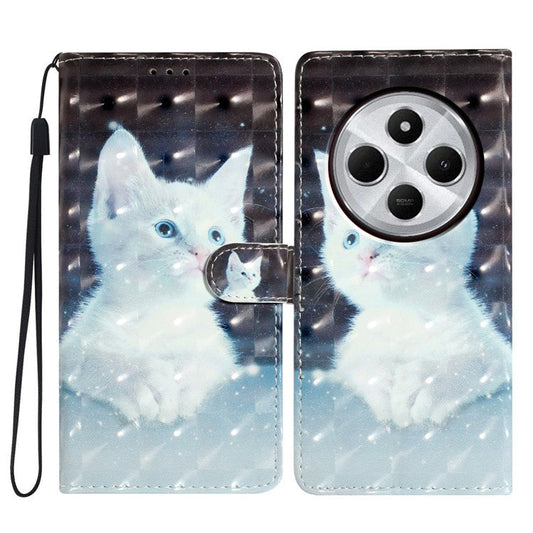 For Xiaomi Poco C75 4G / Redmi 14R 5G / 14C 4G Case PU Leather 3D Pattern Printing Wallet Phone Cover - White Cat