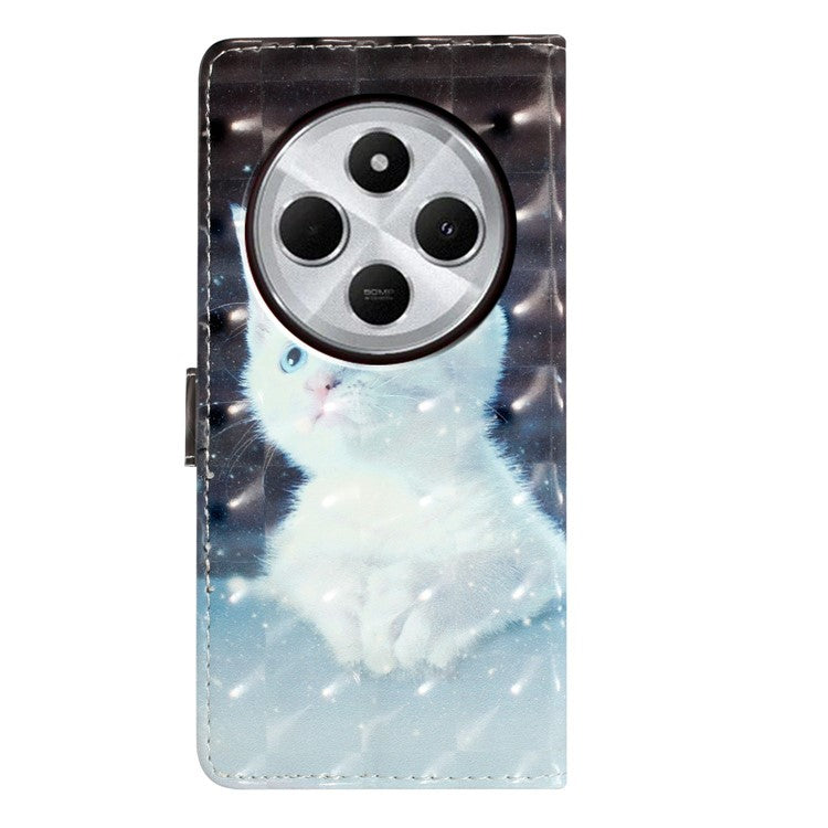 For Xiaomi Poco C75 4G / Redmi 14R 5G / 14C 4G Case PU Leather 3D Pattern Printing Wallet Phone Cover - White Cat