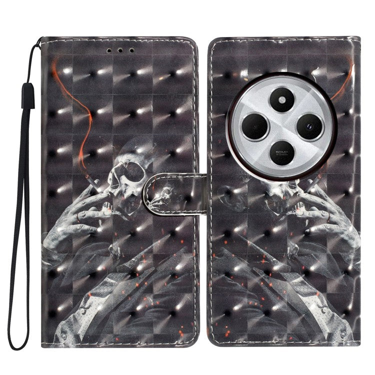 For Xiaomi Poco C75 4G / Redmi 14R 5G / 14C 4G Case PU Leather 3D Pattern Printing Wallet Phone Cover - Smoking Skeleton