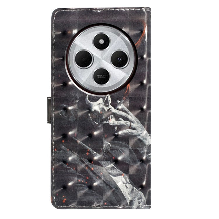 For Xiaomi Poco C75 4G / Redmi 14R 5G / 14C 4G Case PU Leather 3D Pattern Printing Wallet Phone Cover - Smoking Skeleton