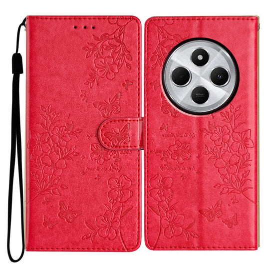 For Xiaomi Poco C75 4G / Redmi 14R 5G / 14C 4G Wallet Phone Case Butterfly Floral Imprint Leather Flip Cover - Red