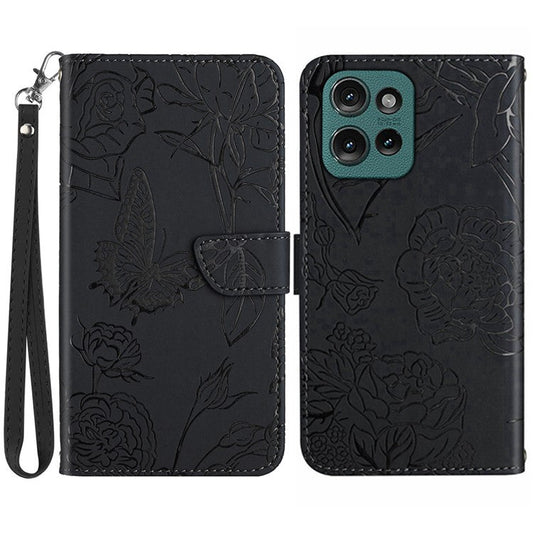 HT03 For Motorola Edge 50 Neo 5G / Moto S50 5G / Thinkphone 25 5G Case Butterfly Flower Imprint Leather Phone Cover with Strap - Black