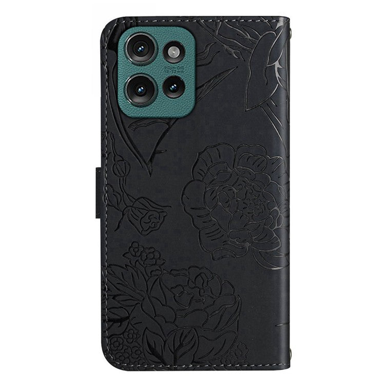 HT03 For Motorola Edge 50 Neo 5G / Moto S50 5G / Thinkphone 25 5G Case Butterfly Flower Imprint Leather Phone Cover with Strap - Black