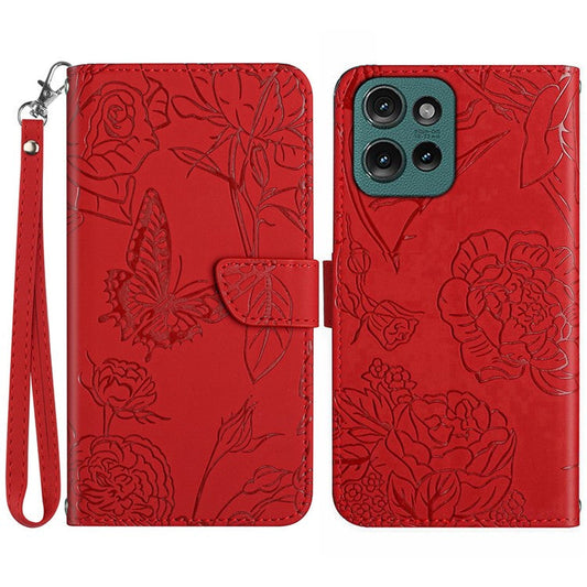 HT03 For Motorola Edge 50 Neo 5G / Moto S50 5G / Thinkphone 25 5G Case Butterfly Flower Imprint Leather Phone Cover with Strap - Red