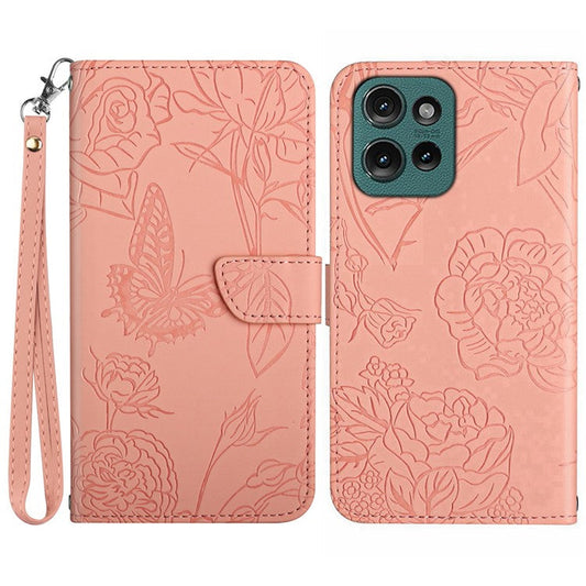 HT03 For Motorola Edge 50 Neo 5G / Moto S50 5G / Thinkphone 25 5G Case Butterfly Flower Imprint Leather Phone Cover with Strap - Pink