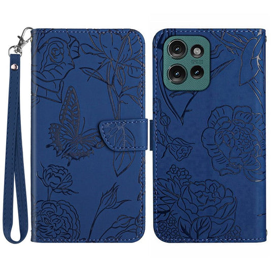 HT03 For Motorola Edge 50 Neo 5G / Moto S50 5G / Thinkphone 25 5G Case Butterfly Flower Imprint Leather Phone Cover with Strap - Blue