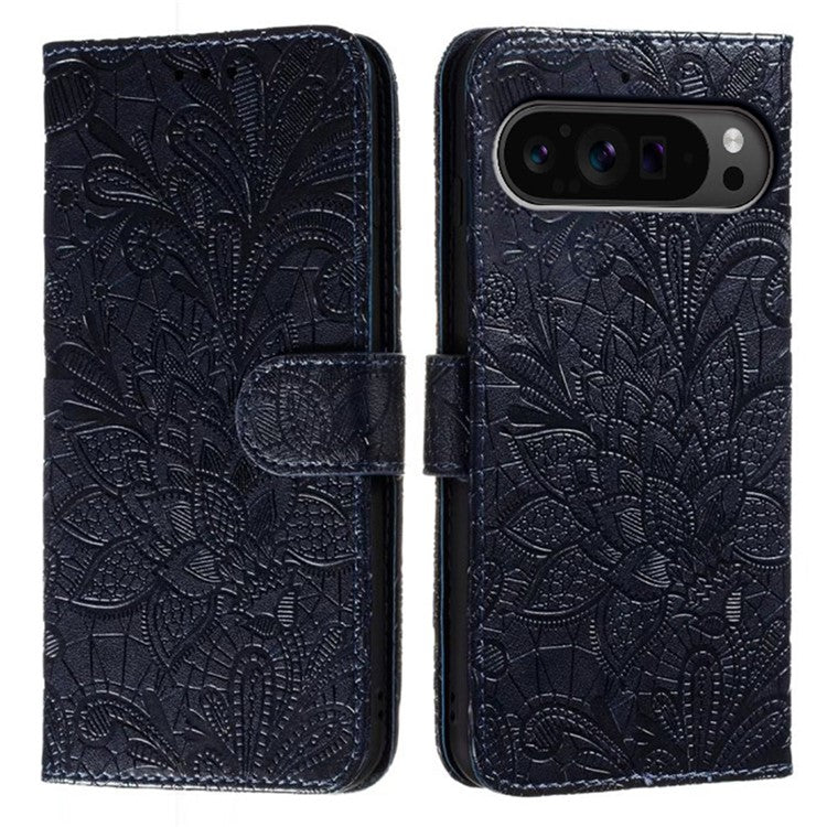 For Google Pixel 9 Pro XL Case Lace Flowers PU Leather Flip Wallet Phone Cover - Black